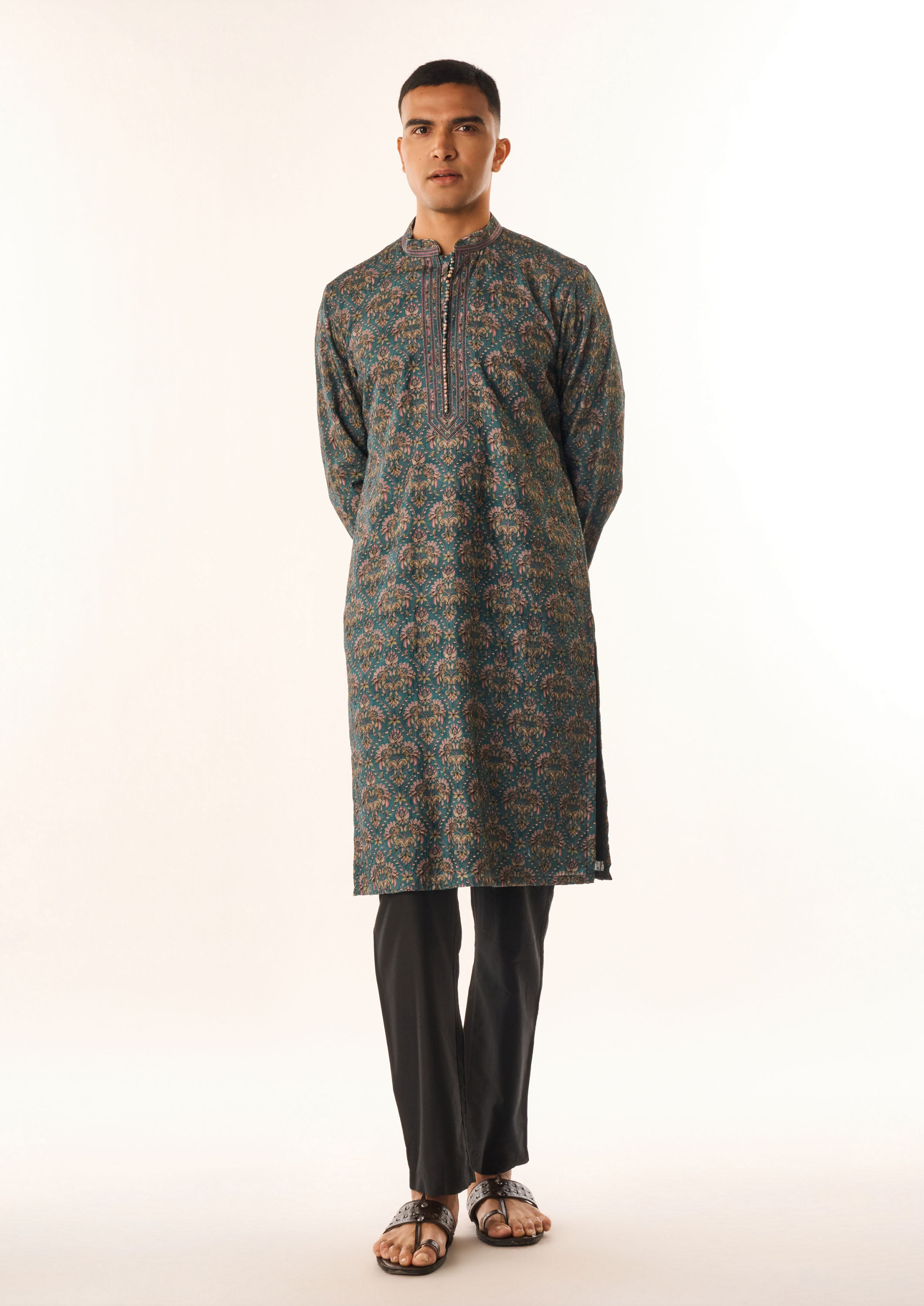 Twamev Men Teal Green Art Silk Kurta Set with Print
