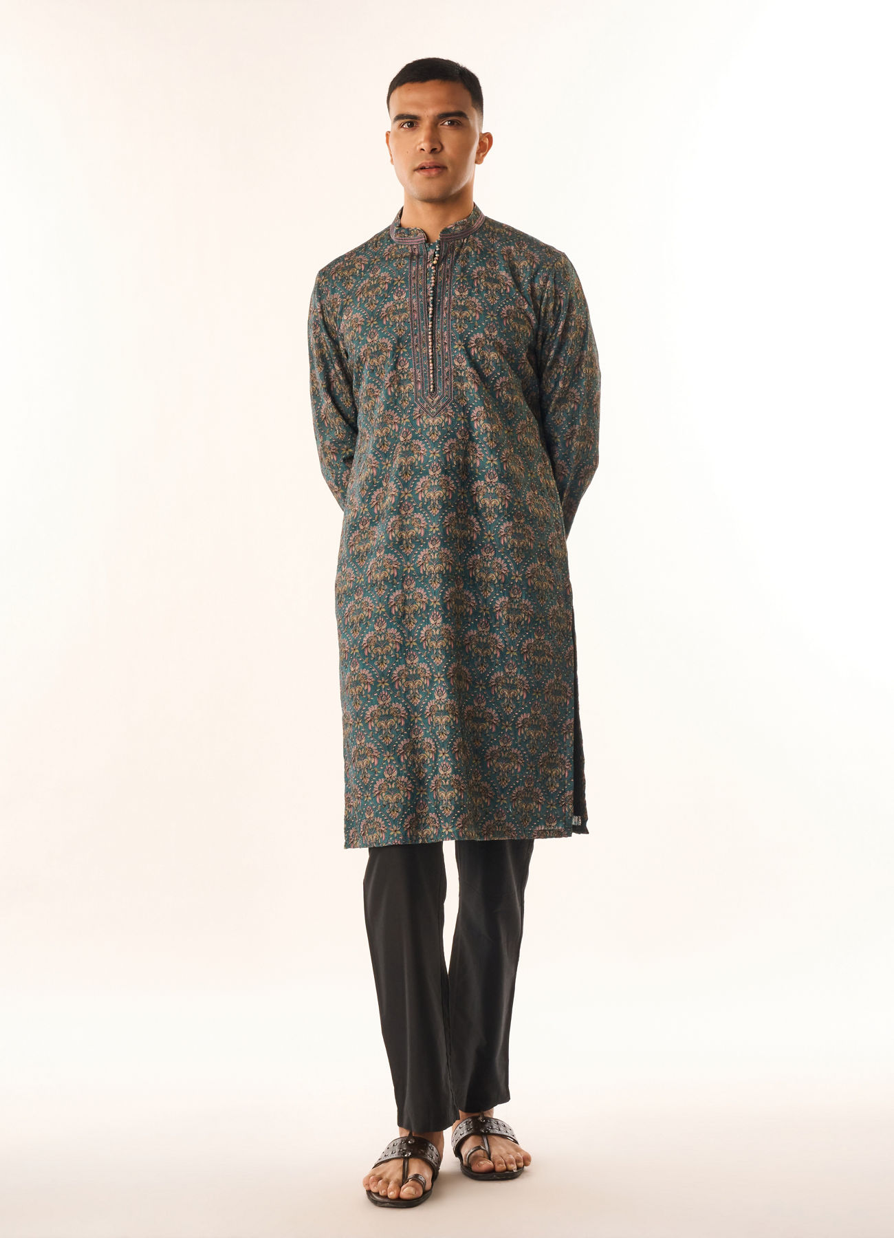 Twamev Men Teal Green Art Silk Kurta Set with Print