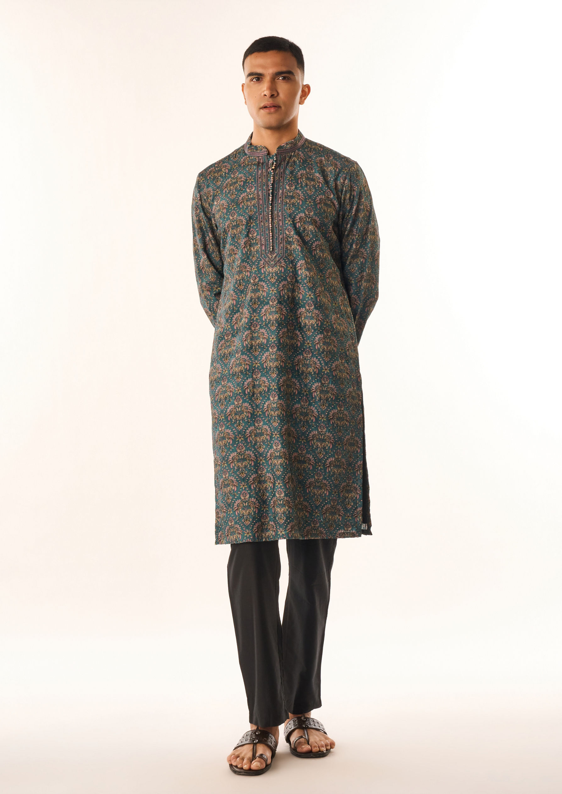 Twamev Men Teal Green Art Silk Kurta Set with Print