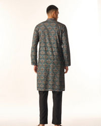 Twamev Men Teal Green Art Silk Kurta Set with Print