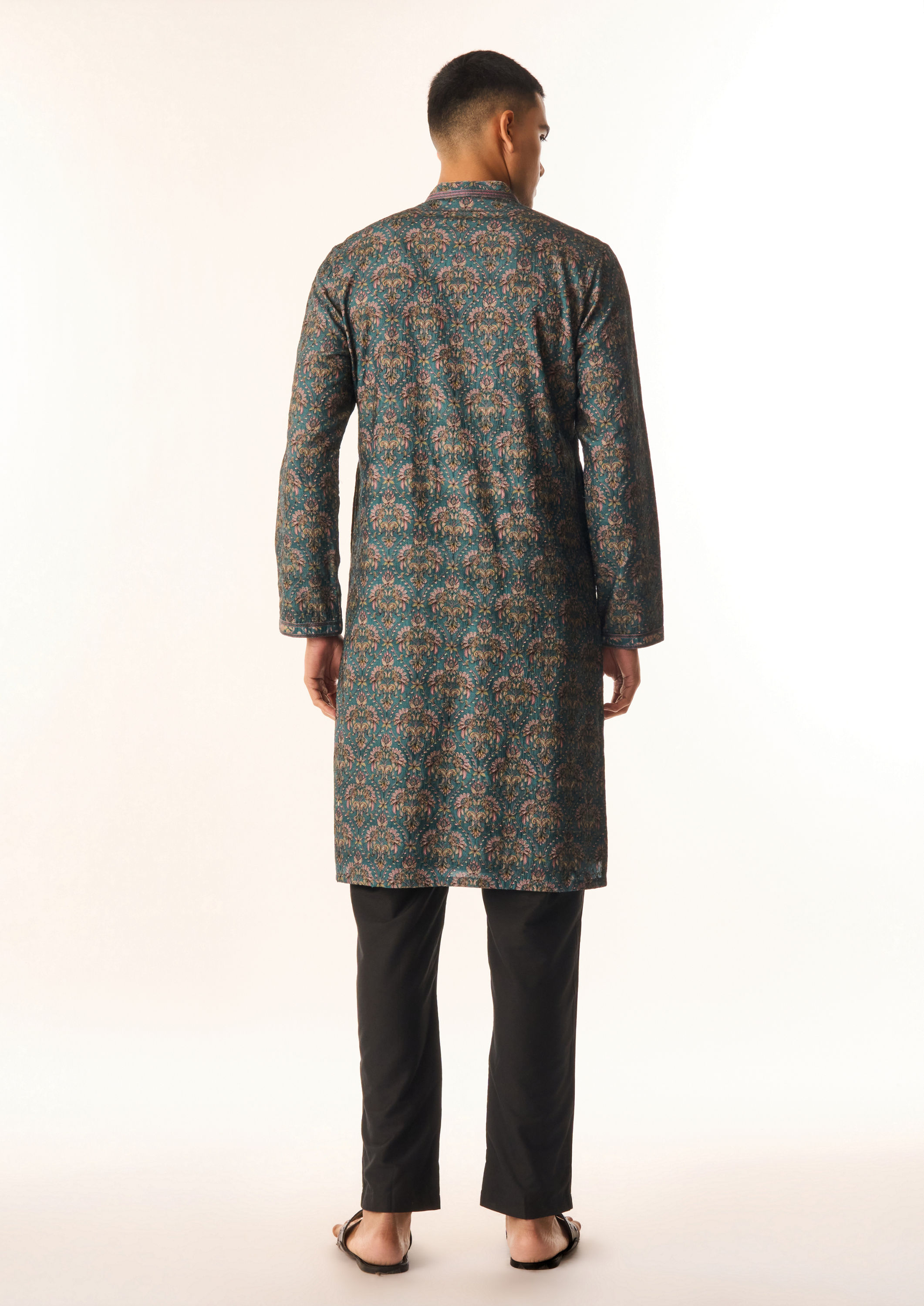 Twamev Men Teal Green Art Silk Kurta Set with Print