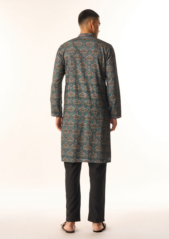 Twamev Men Teal Green Art Silk Kurta Set with Print