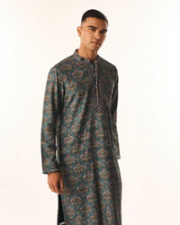 Twamev Men Teal Green Art Silk Kurta Set with Print