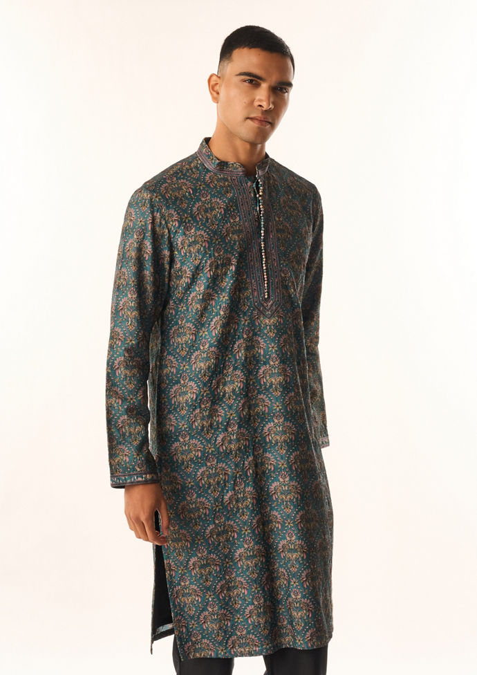 Twamev Men Teal Green Art Silk Kurta Set with Print