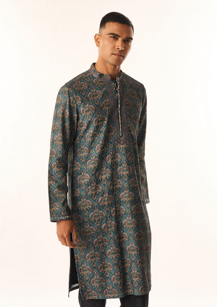 Twamev Men Teal Green Art Silk Kurta Set with Print