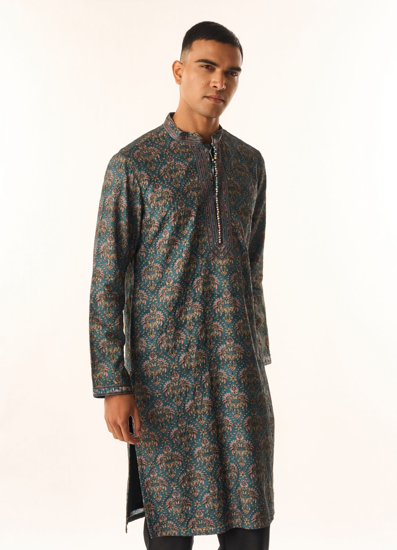Twamev Men Teal Green Art Silk Kurta Set with Print