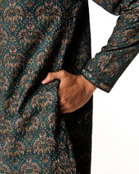 Twamev Men Teal Green Art Silk Kurta Set with Print