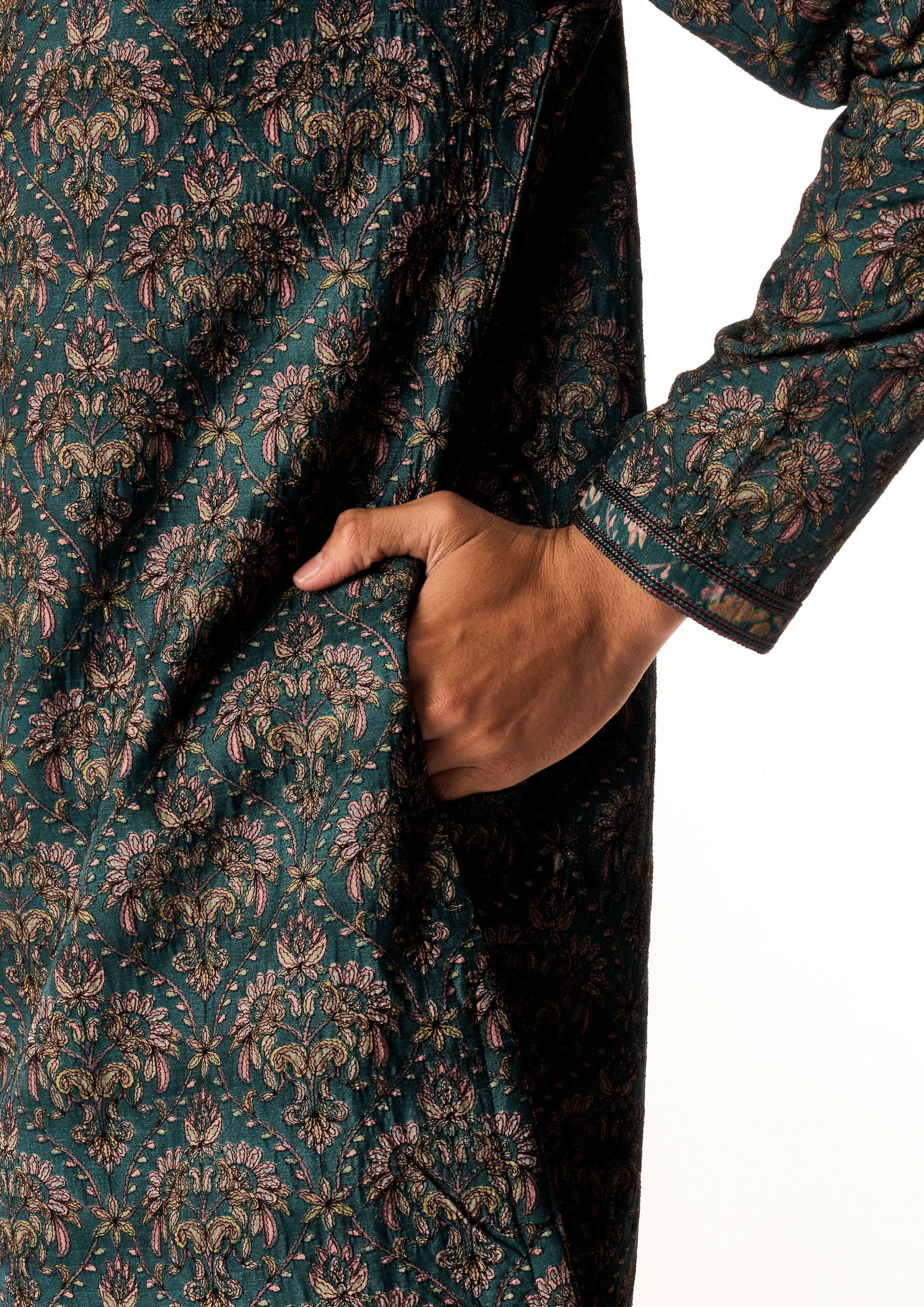 Twamev Men Teal Green Art Silk Kurta Set with Print