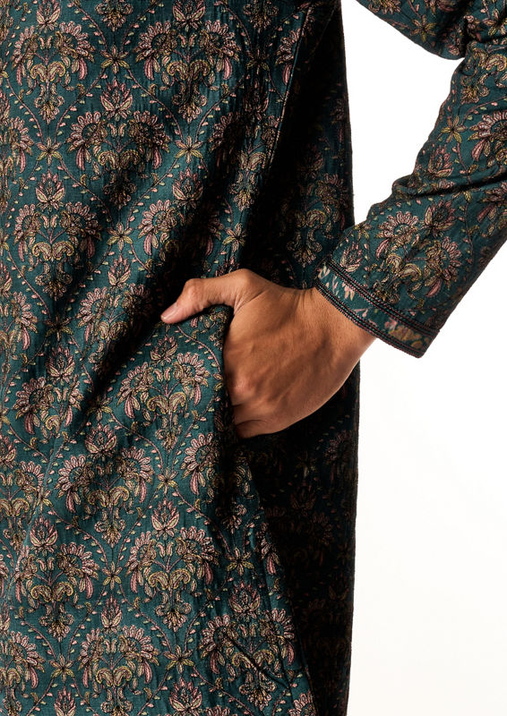 Twamev Men Teal Green Art Silk Kurta Set with Print