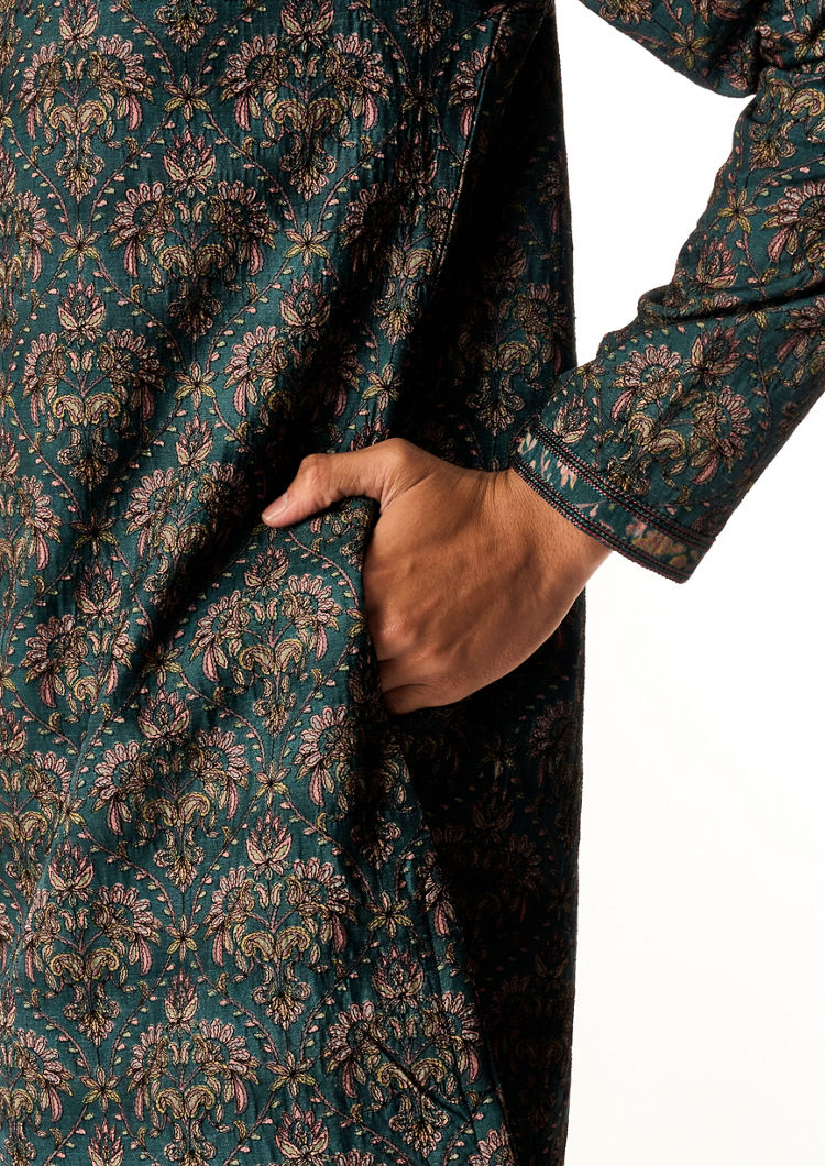 Twamev Men Teal Green Art Silk Kurta Set with Print