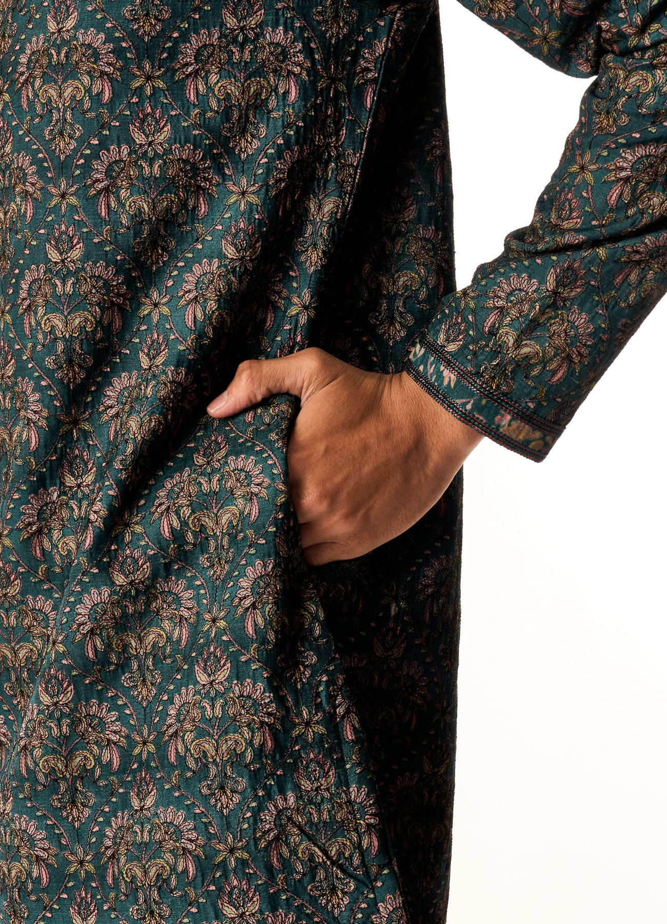 Twamev Men Teal Green Art Silk Kurta Set with Print
