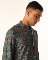 Twamev Men Teal Green Art Silk Kurta Set with Print