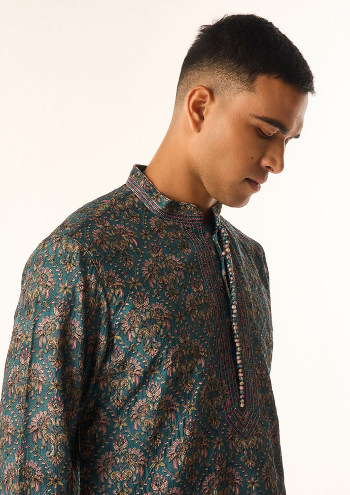 Twamev Men Teal Green Art Silk Kurta Set with Print