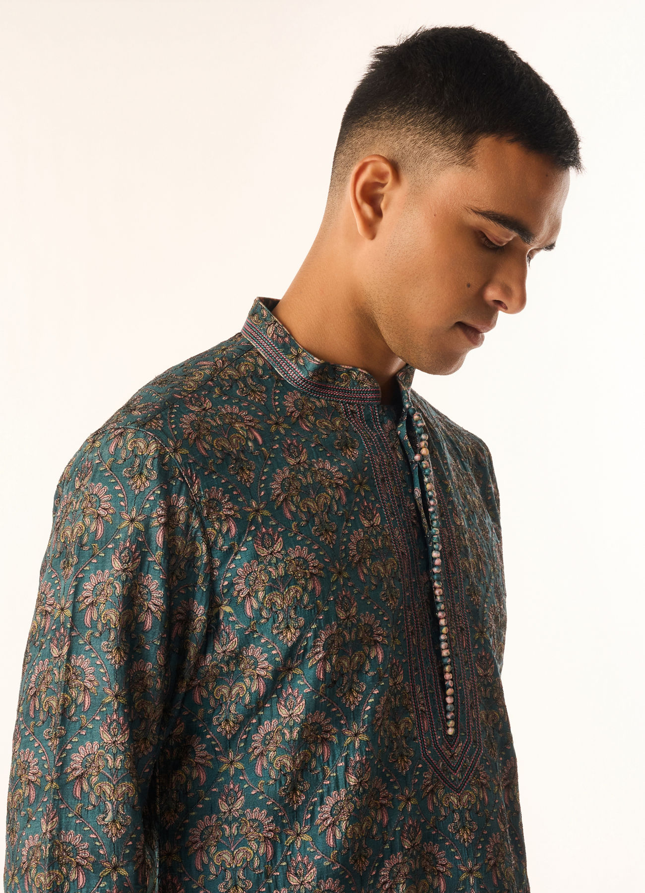 Twamev Men Teal Green Art Silk Kurta Set with Print