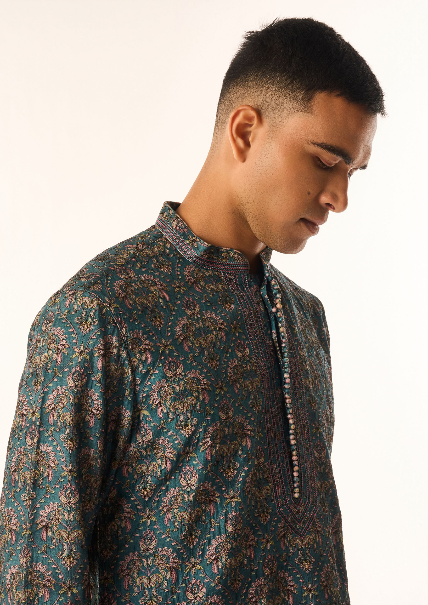 Twamev Men Teal Green Art Silk Kurta Set with Print
