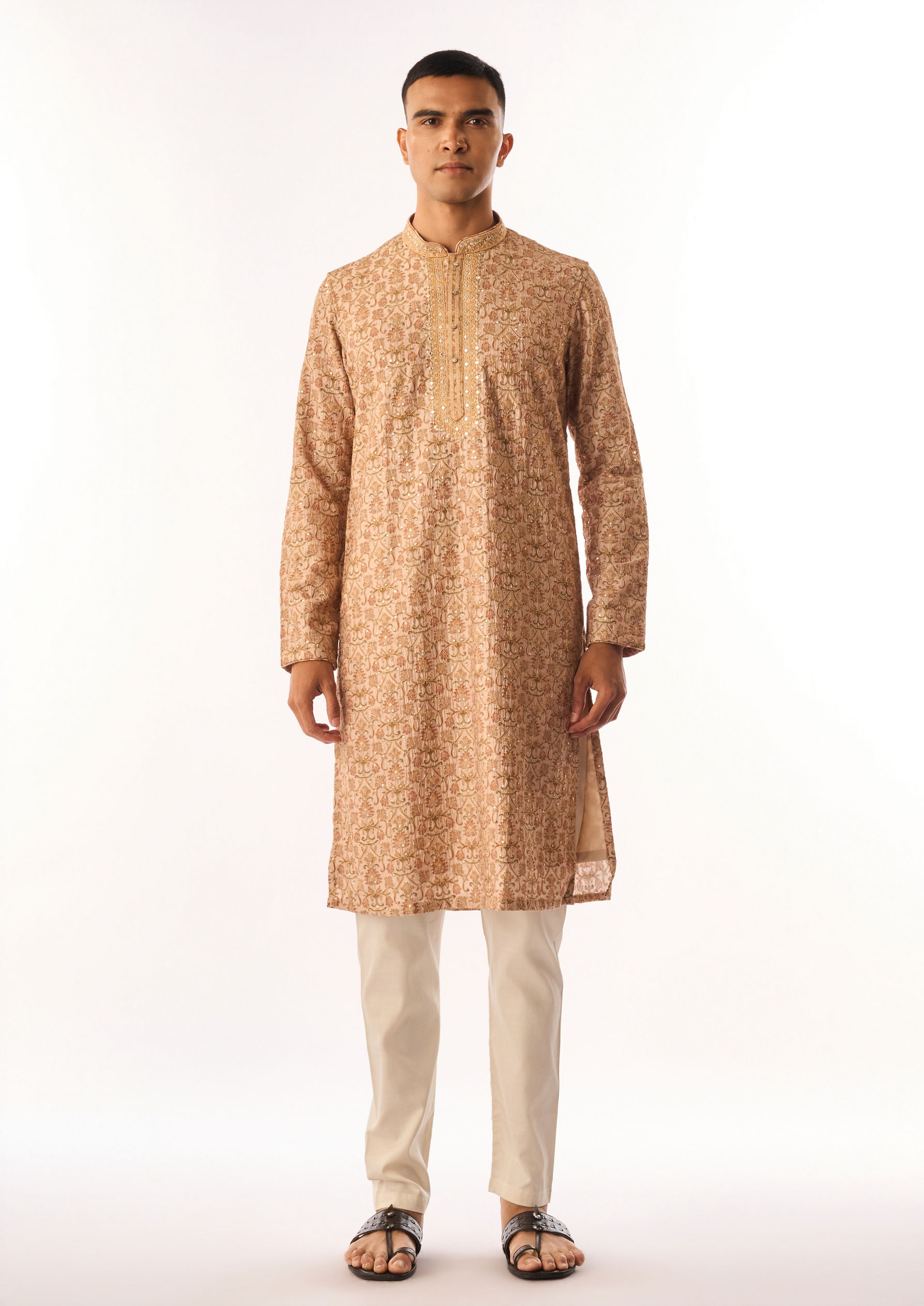 Twamev Men Beige Art Silk Kurta Set with Embroidery