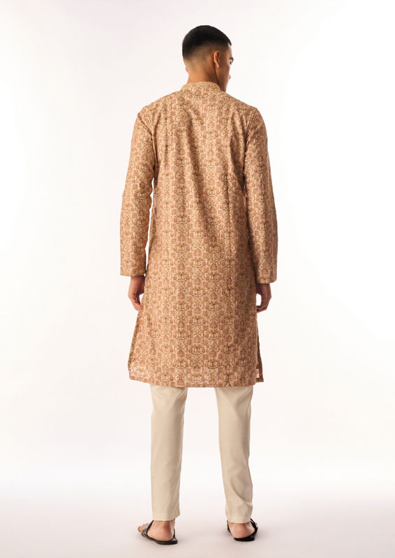 Twamev Men Beige Art Silk Kurta Set with Embroidery
