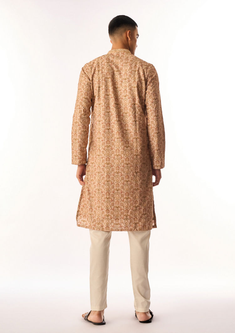 Twamev Men Beige Art Silk Kurta Set with Embroidery