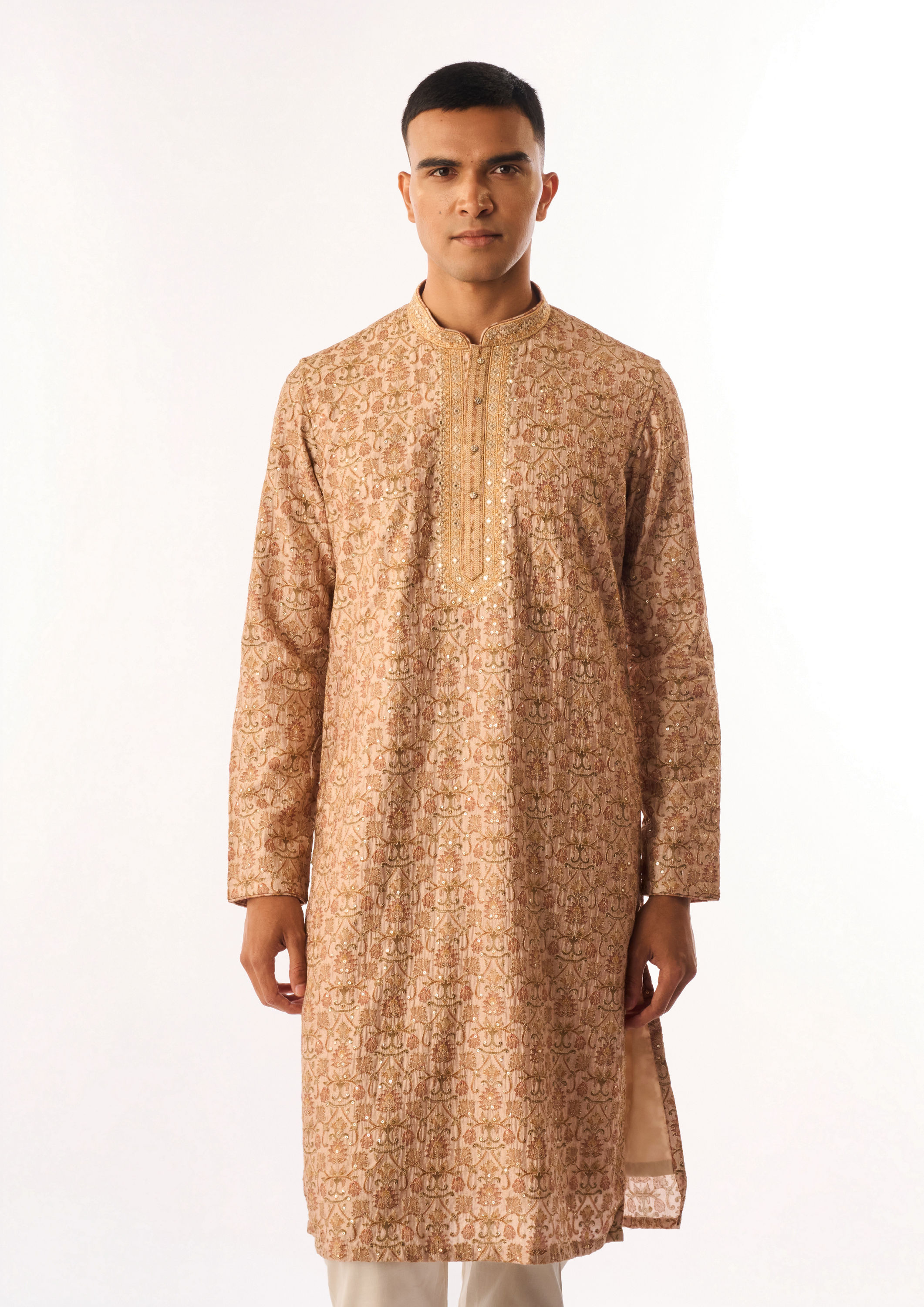 Twamev Men Beige Art Silk Kurta Set with Embroidery