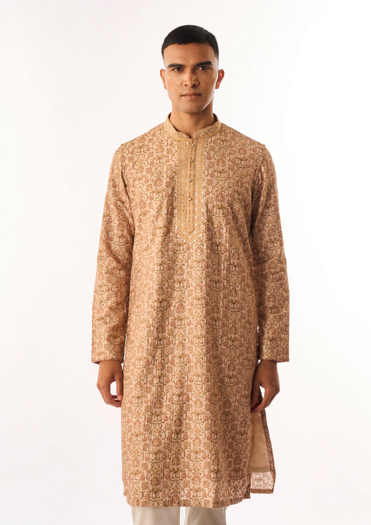 Twamev Men Beige Art Silk Kurta Set with Embroidery