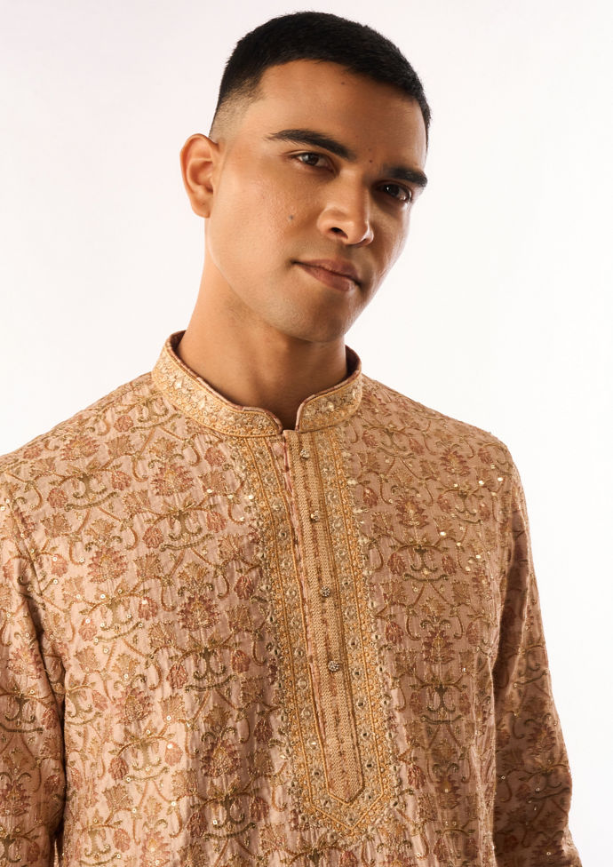 Twamev Men Beige Art Silk Kurta Set with Embroidery