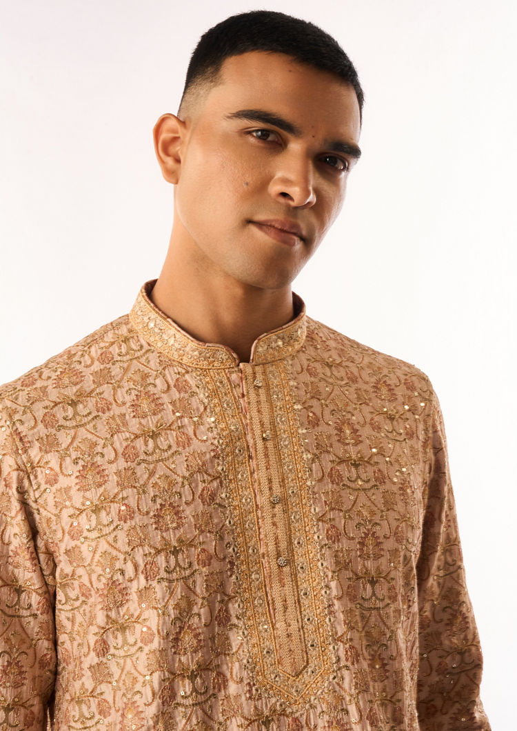 Twamev Men Beige Art Silk Kurta Set with Embroidery