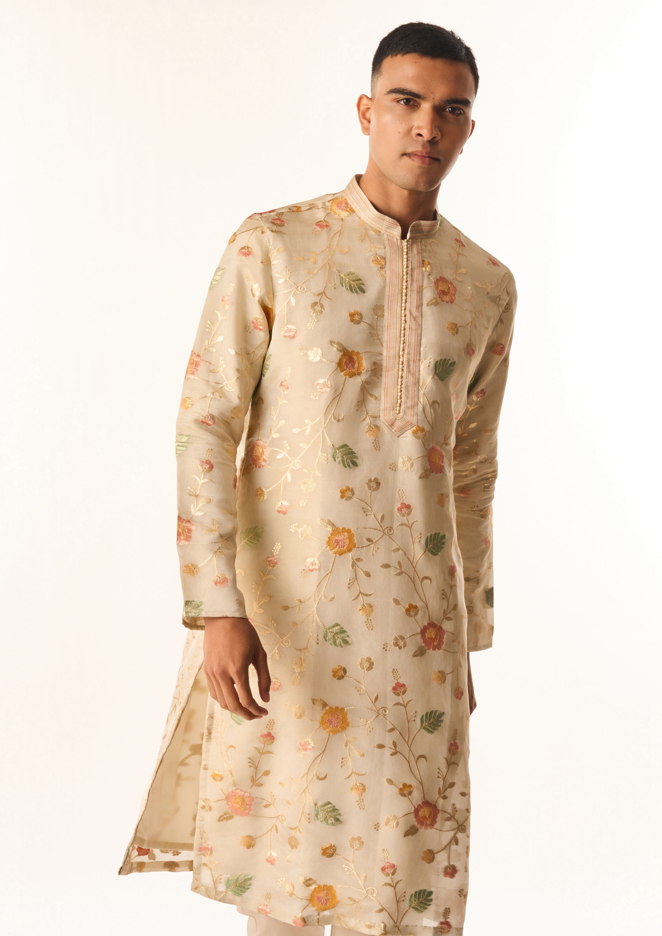 Twamev Men Beige Tissue Kurta Set with Embroidery