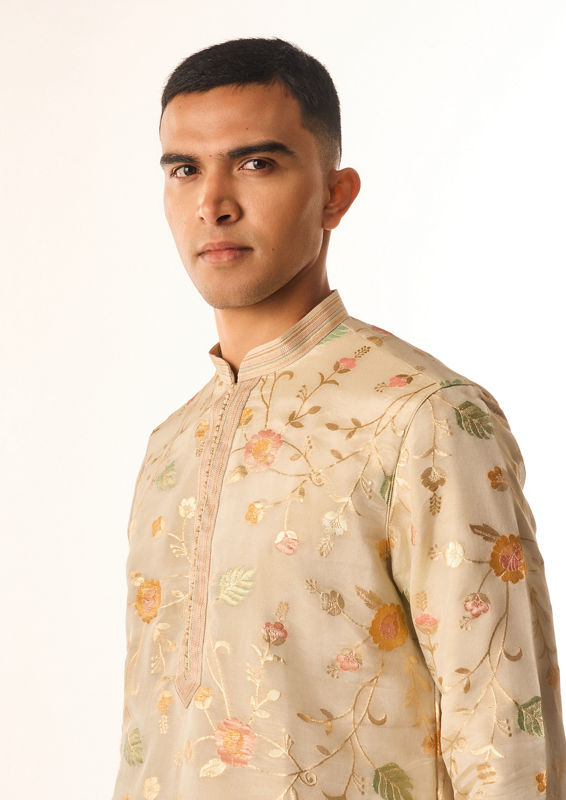 Twamev Men Beige Tissue Kurta Set with Embroidery