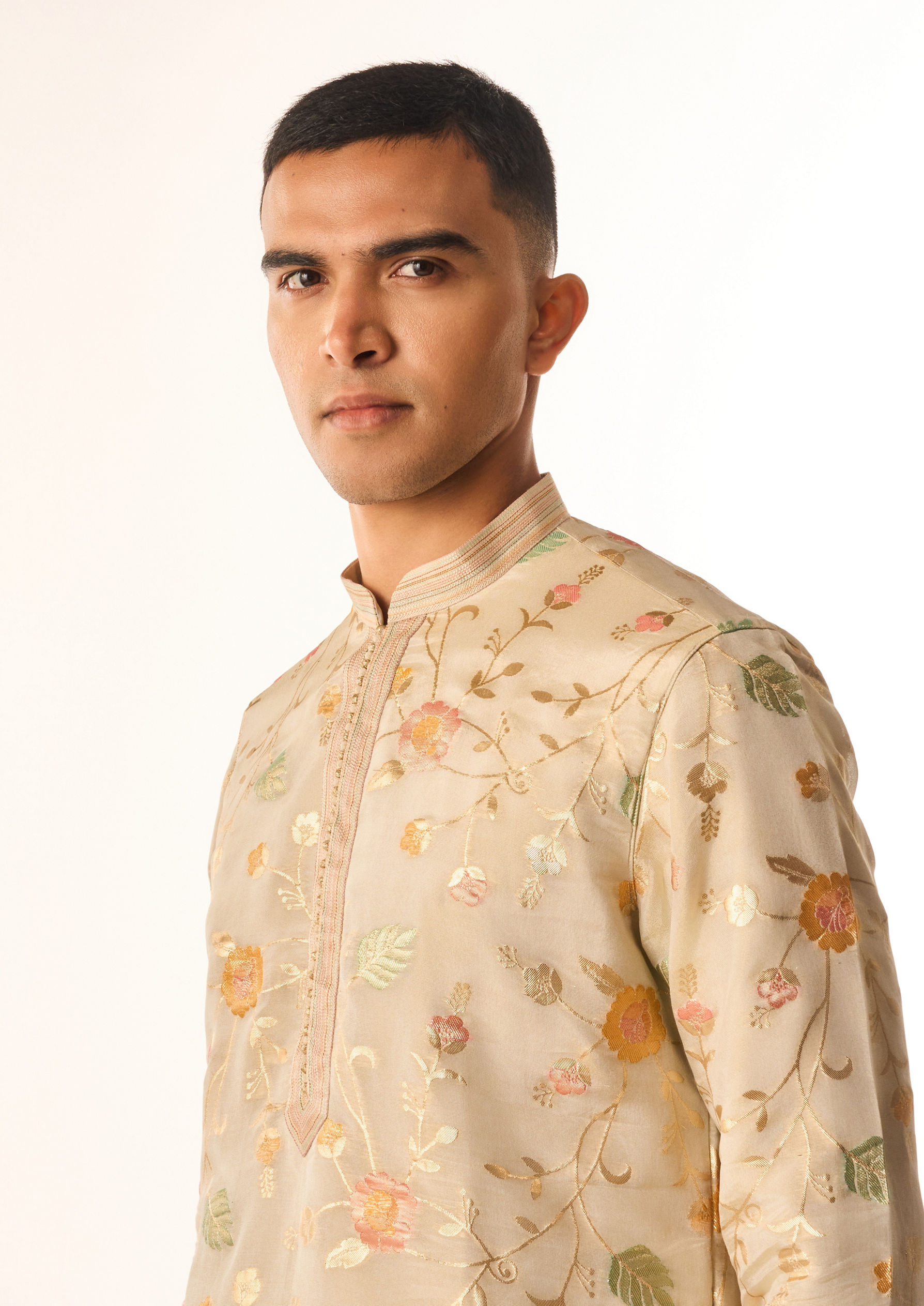 Twamev Men Beige Tissue Kurta Set with Embroidery