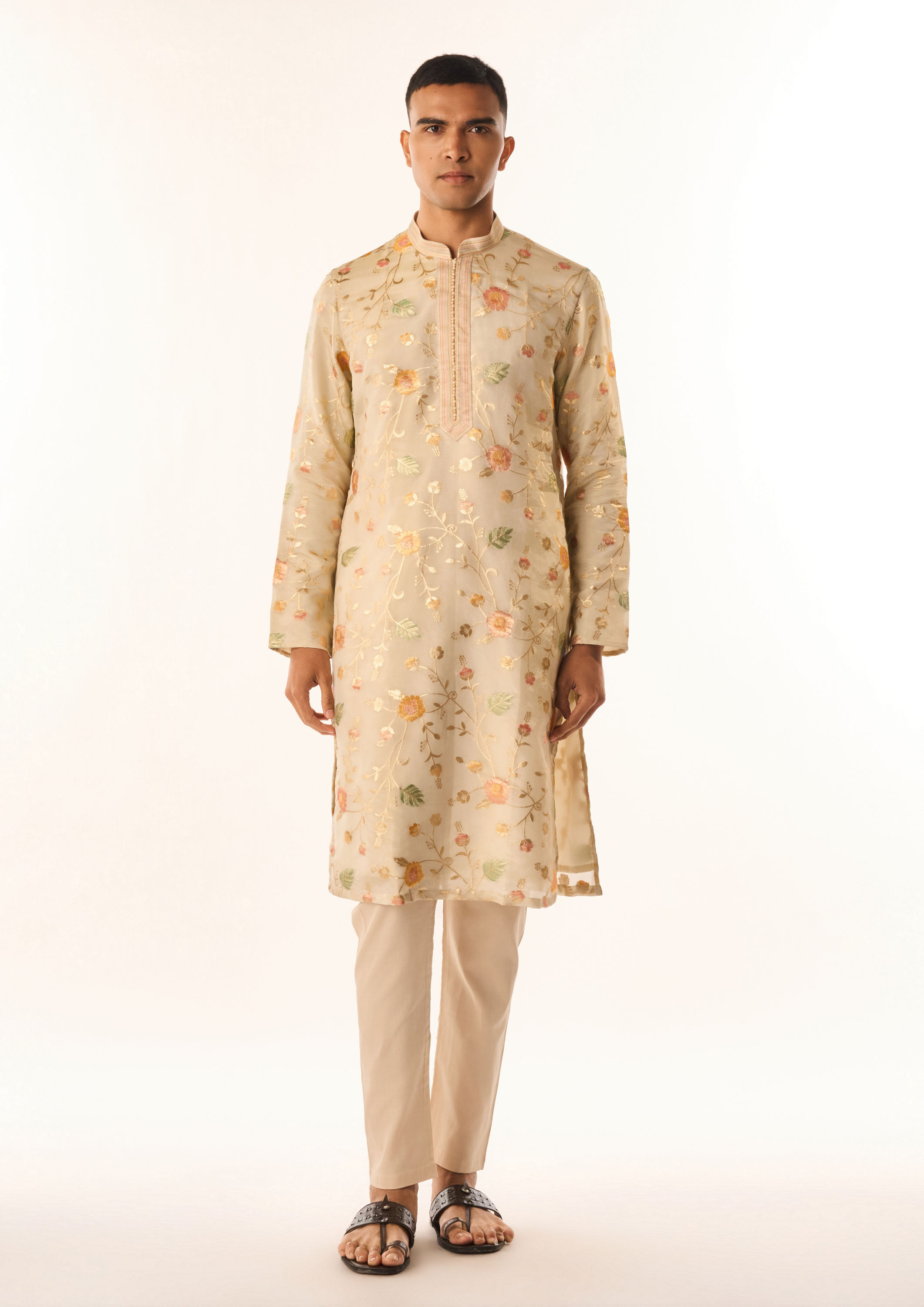 Twamev Men Beige Tissue Kurta Set with Embroidery