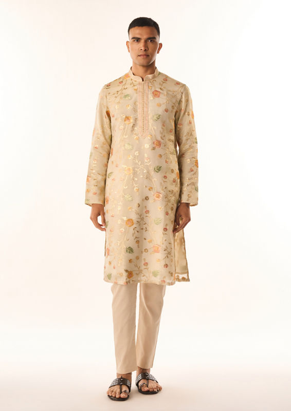 Twamev Men Beige Tissue Kurta Set with Embroidery