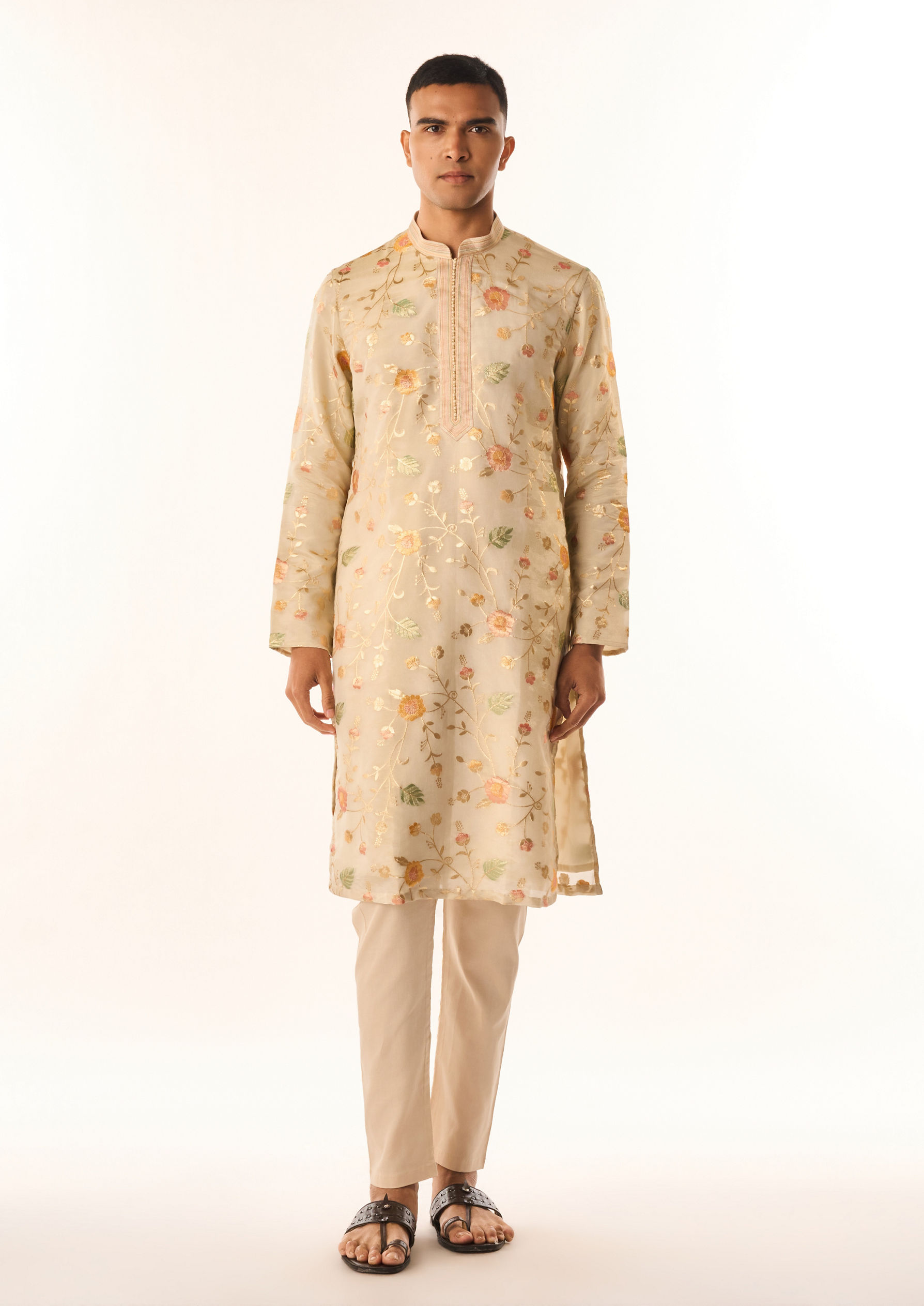 Twamev Men Beige Tissue Kurta Set with Embroidery