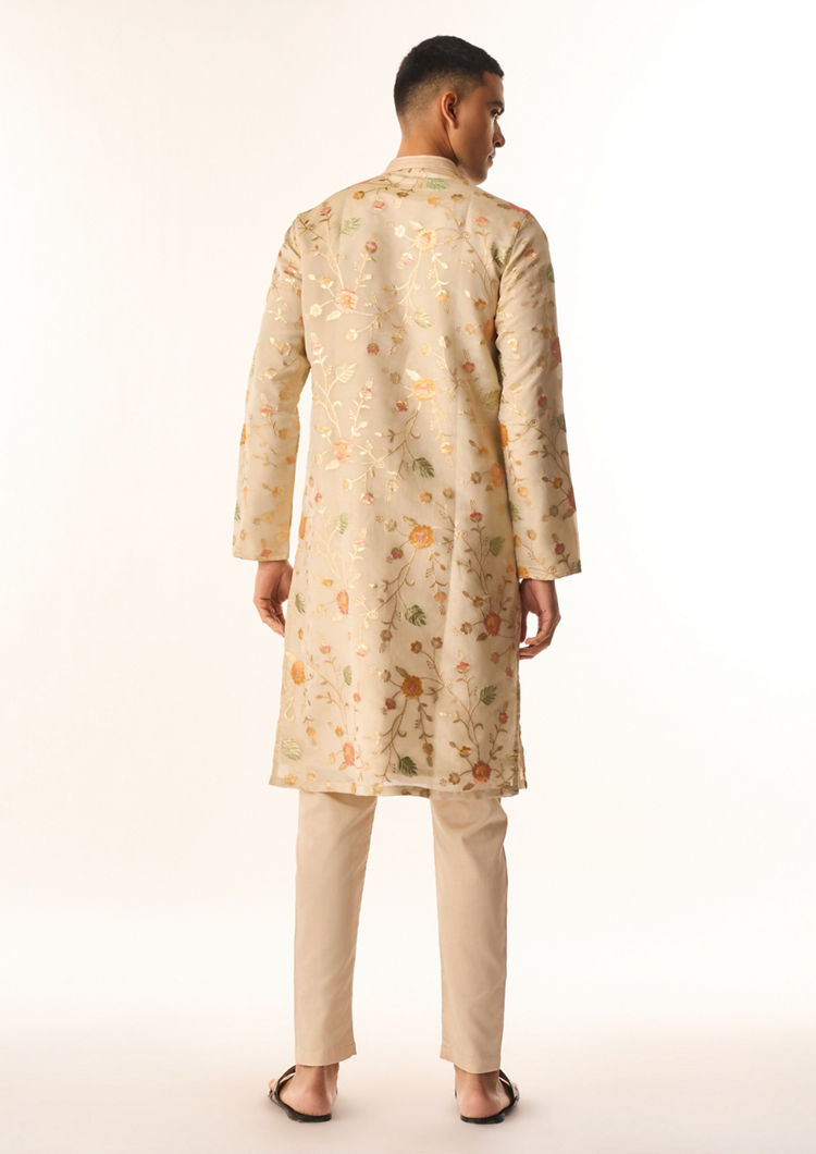 Twamev Men Beige Tissue Kurta Set with Embroidery