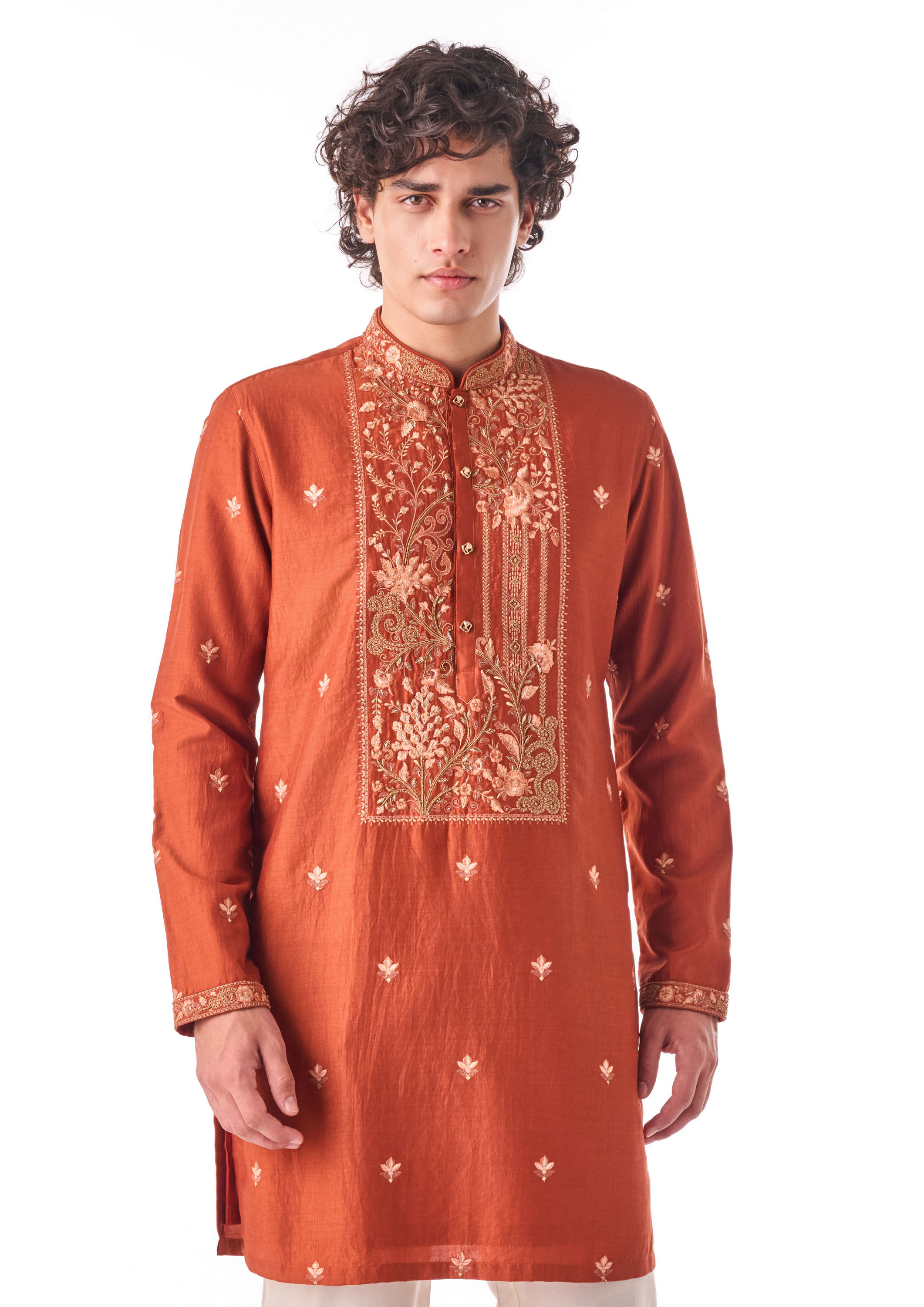 Twamev Men Rust Thread Work Kurta
