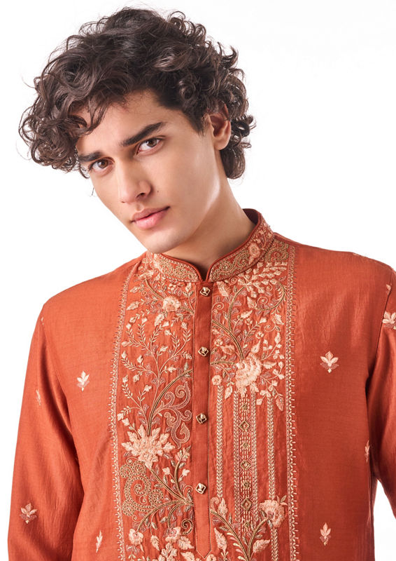 Twamev Men Rust Thread Work Kurta