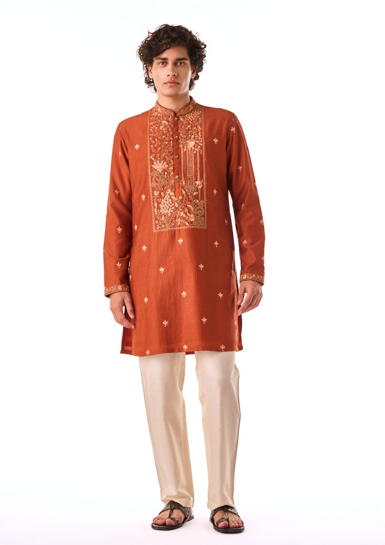 Twamev Men Rust Thread Work Kurta