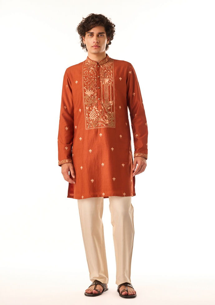 Twamev Men Rust Thread Work Kurta