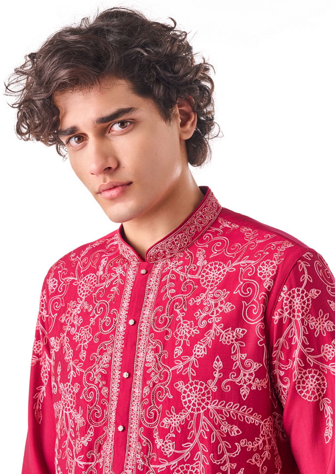 Twamev Men Rani Pink Embroidered Kurta Set