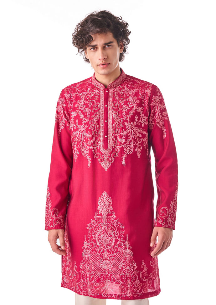 Twamev Men Rani Pink Embroidered Kurta Set