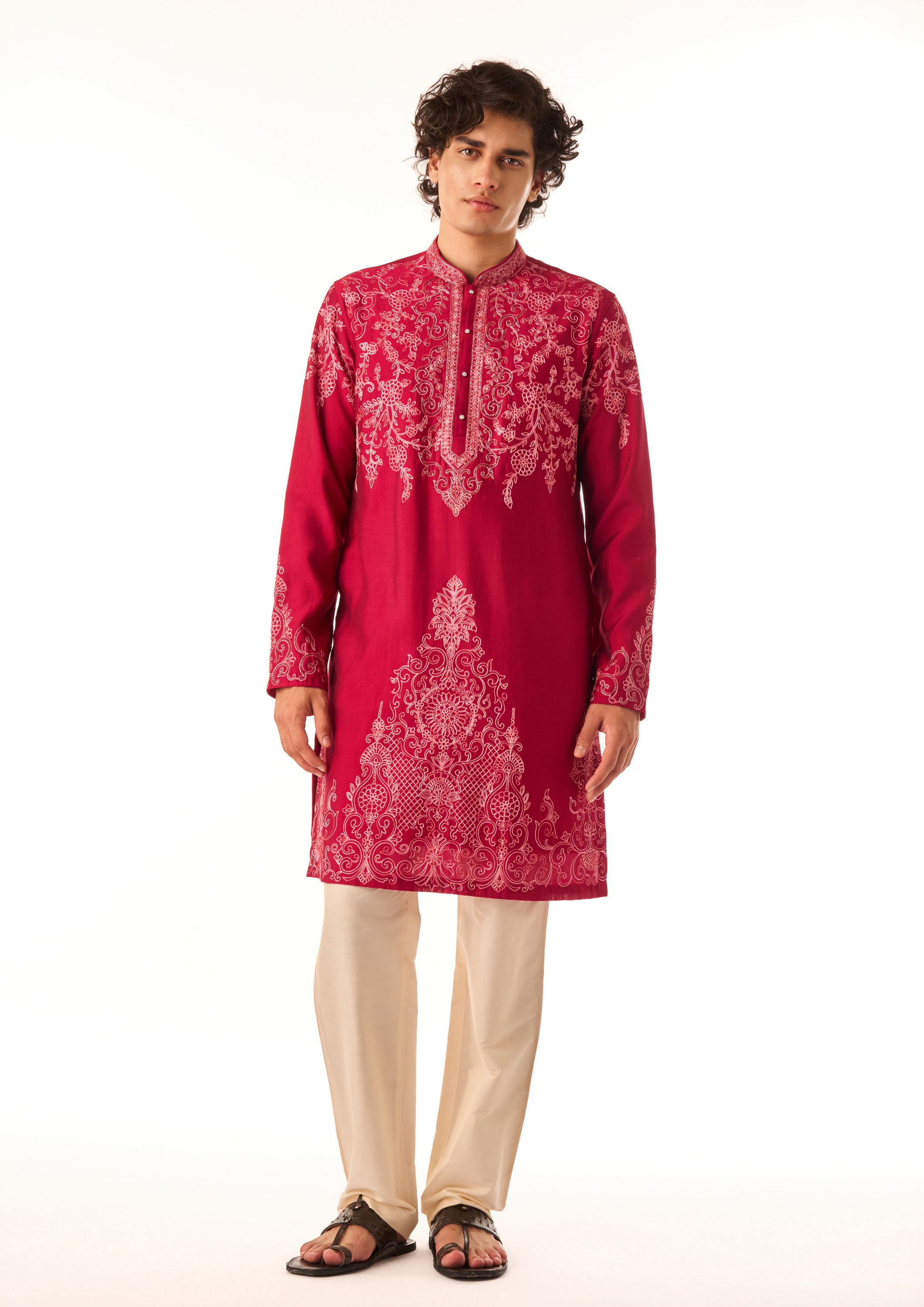 Twamev Men Rani Pink Embroidered Kurta Set