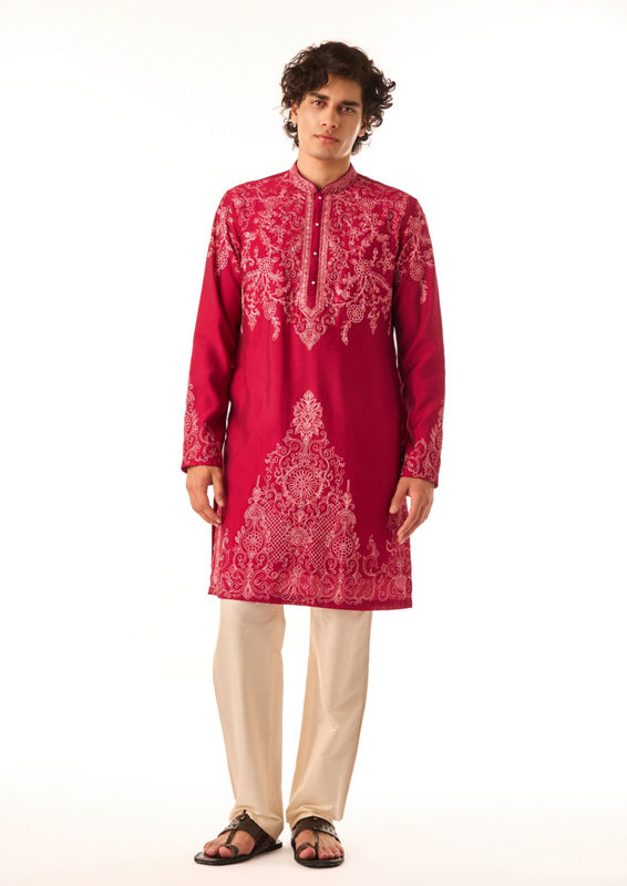 Twamev Men Rani Pink Embroidered Kurta Set