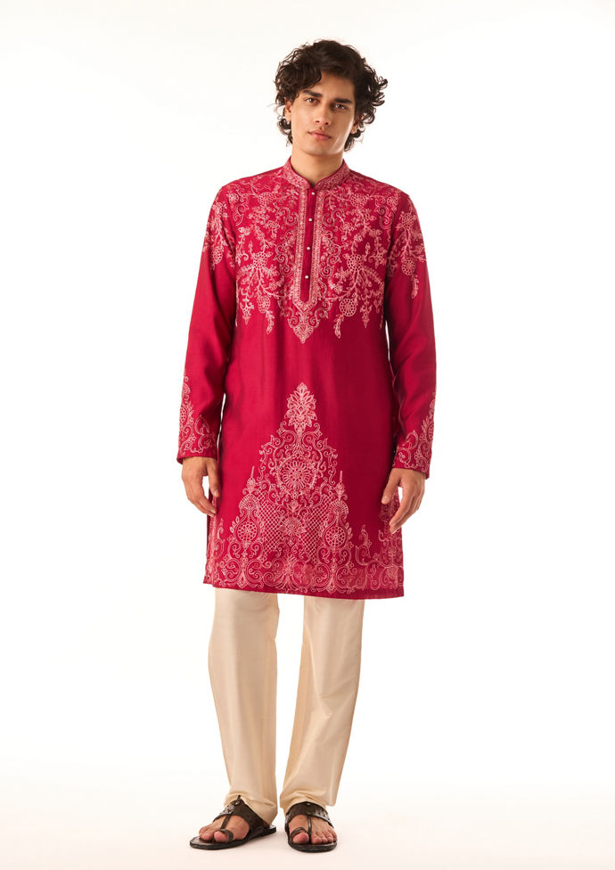 Twamev Men Rani Pink Embroidered Kurta Set