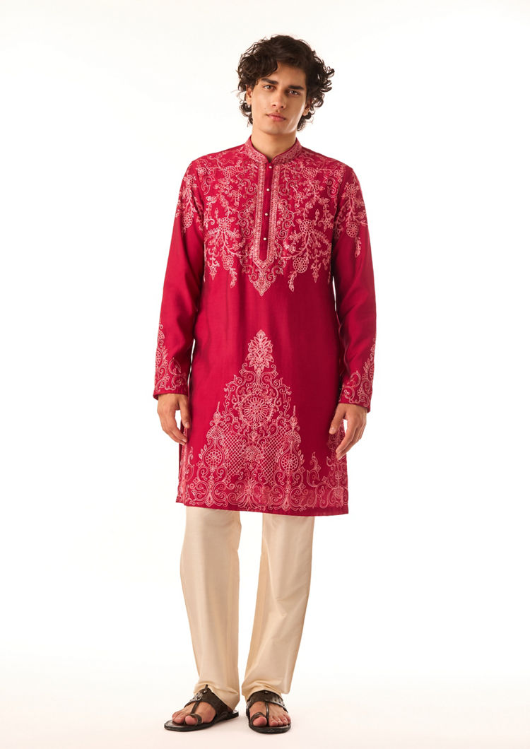 Twamev Men Rani Pink Embroidered Kurta Set