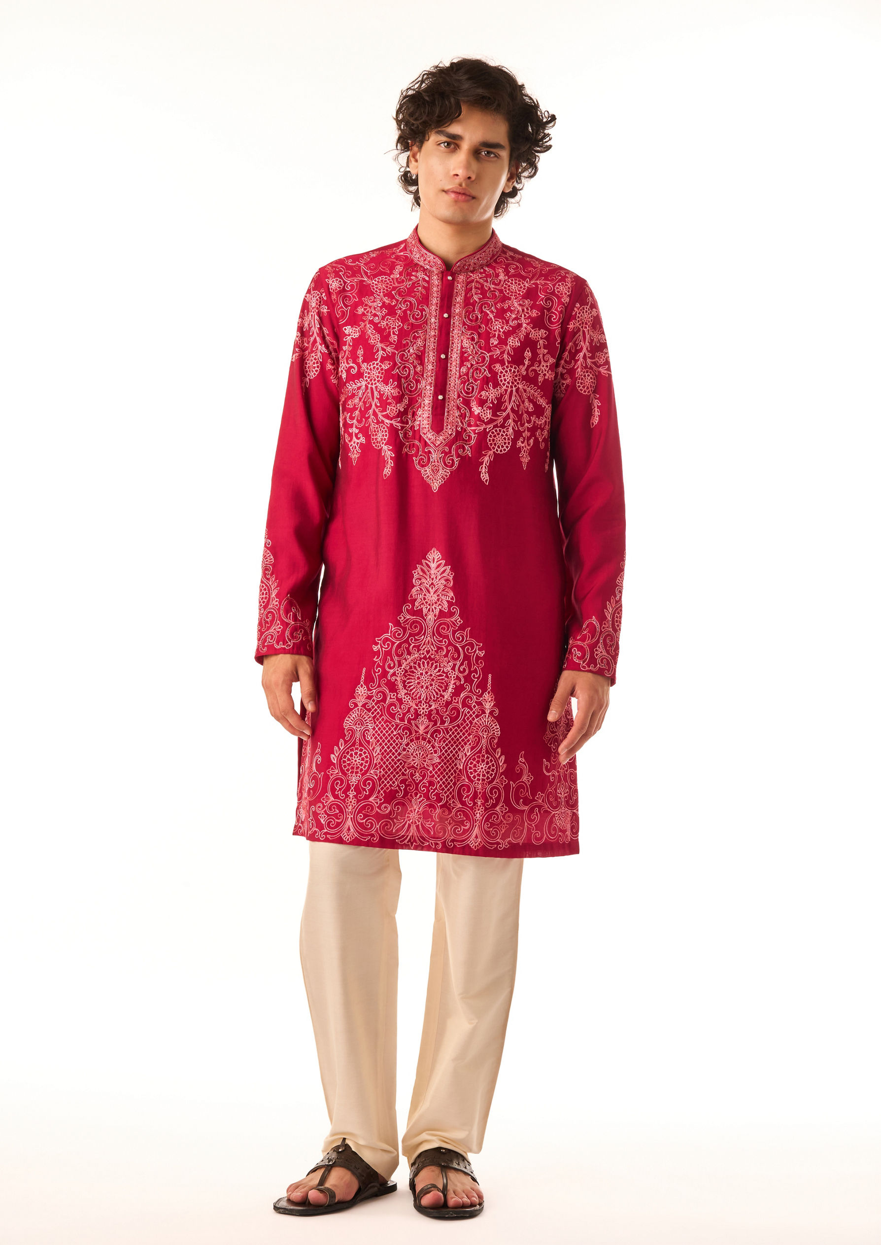 Twamev Men Rani Pink Embroidered Kurta Set