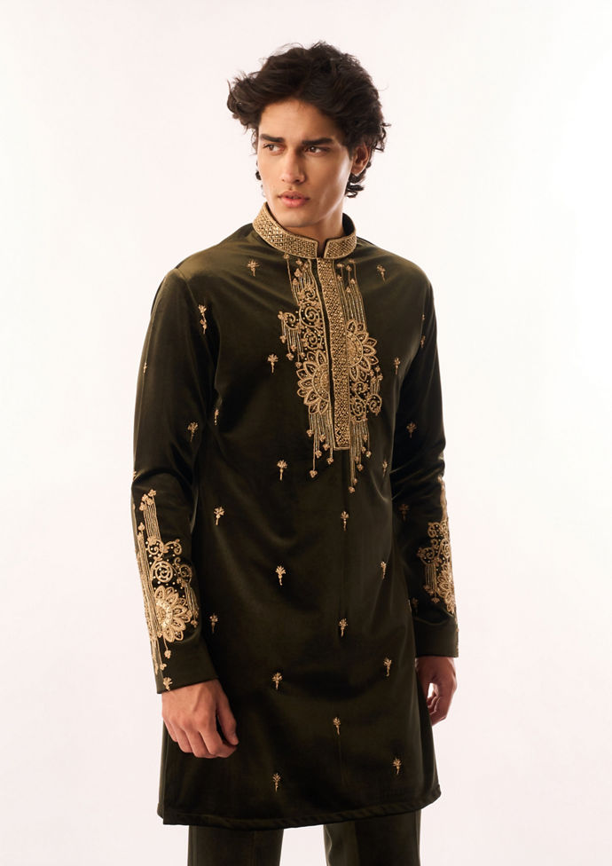 Twamev Men Mehndi Green Velvet Kurta Set with Embroidery