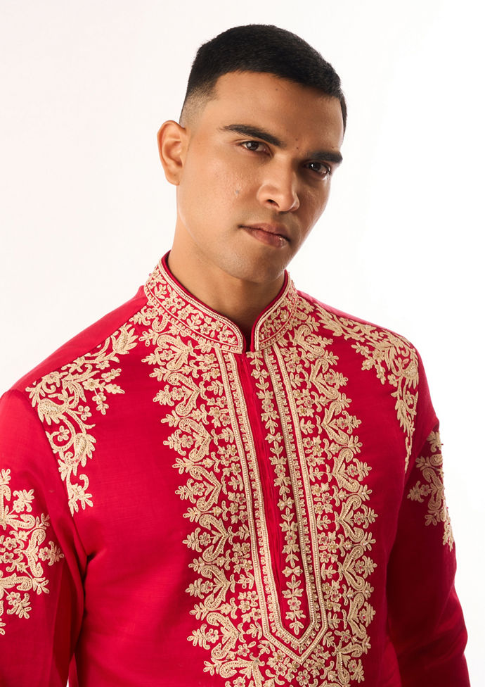 Twamev Men Pink Satin Kurta Set with Embroidery