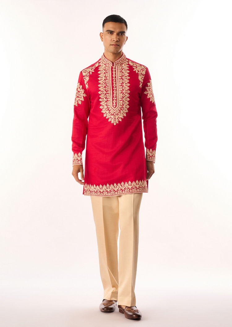 Twamev Men Pink Satin Kurta Set with Embroidery