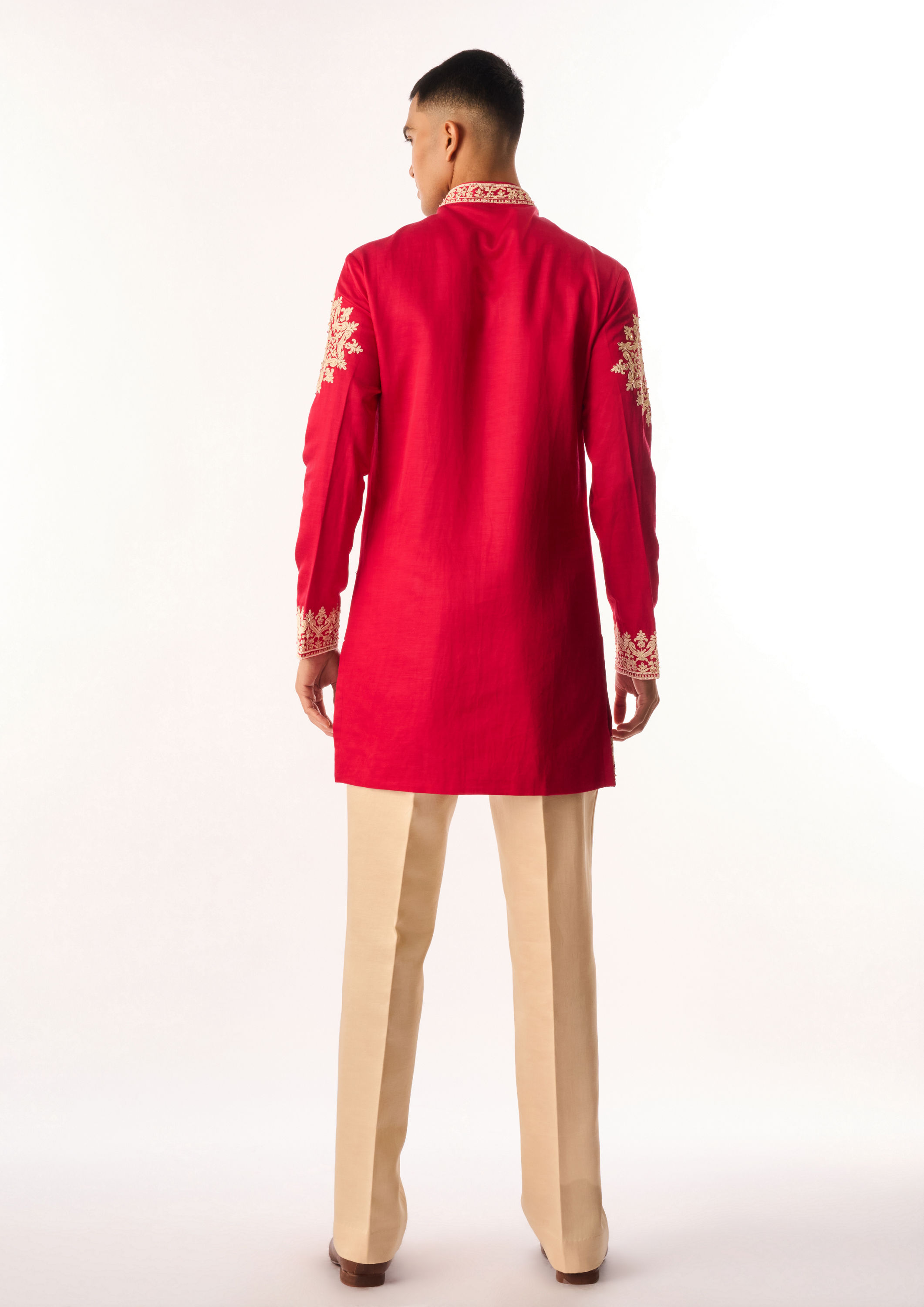 Twamev Men Pink Satin Kurta Set with Embroidery