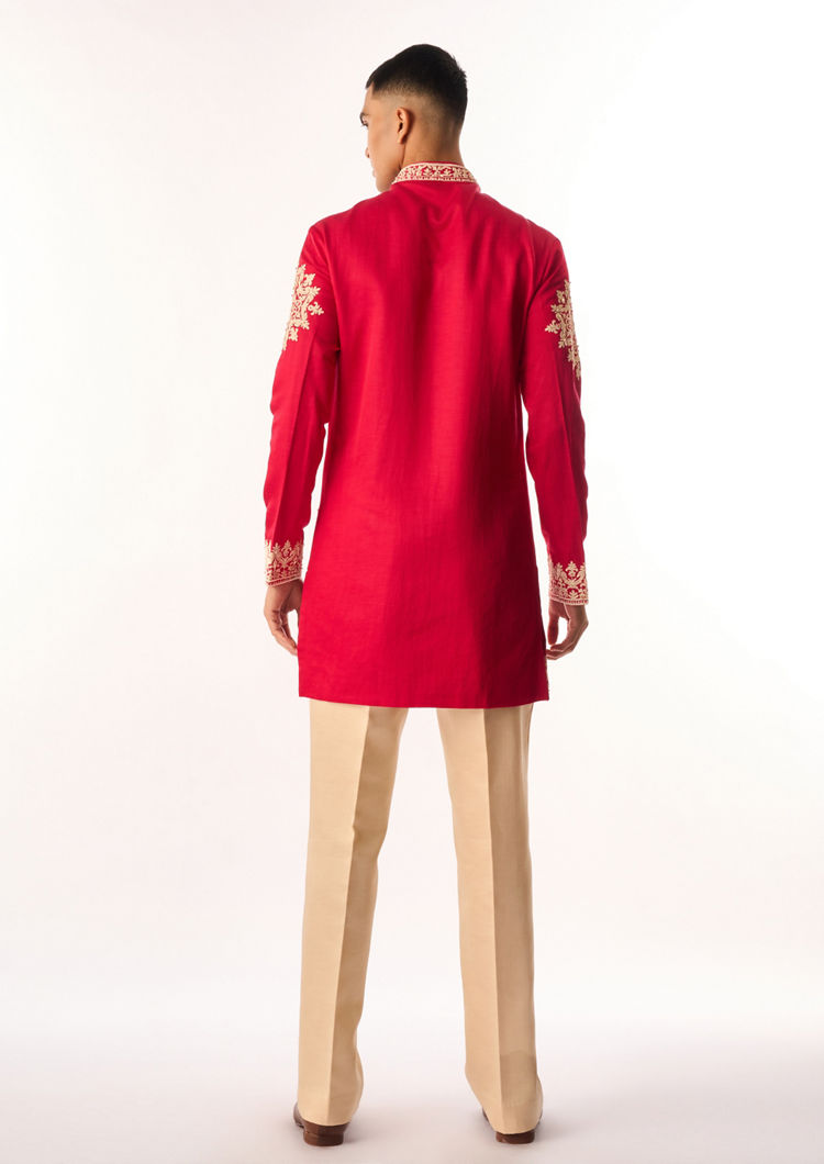 Twamev Men Pink Satin Kurta Set with Embroidery