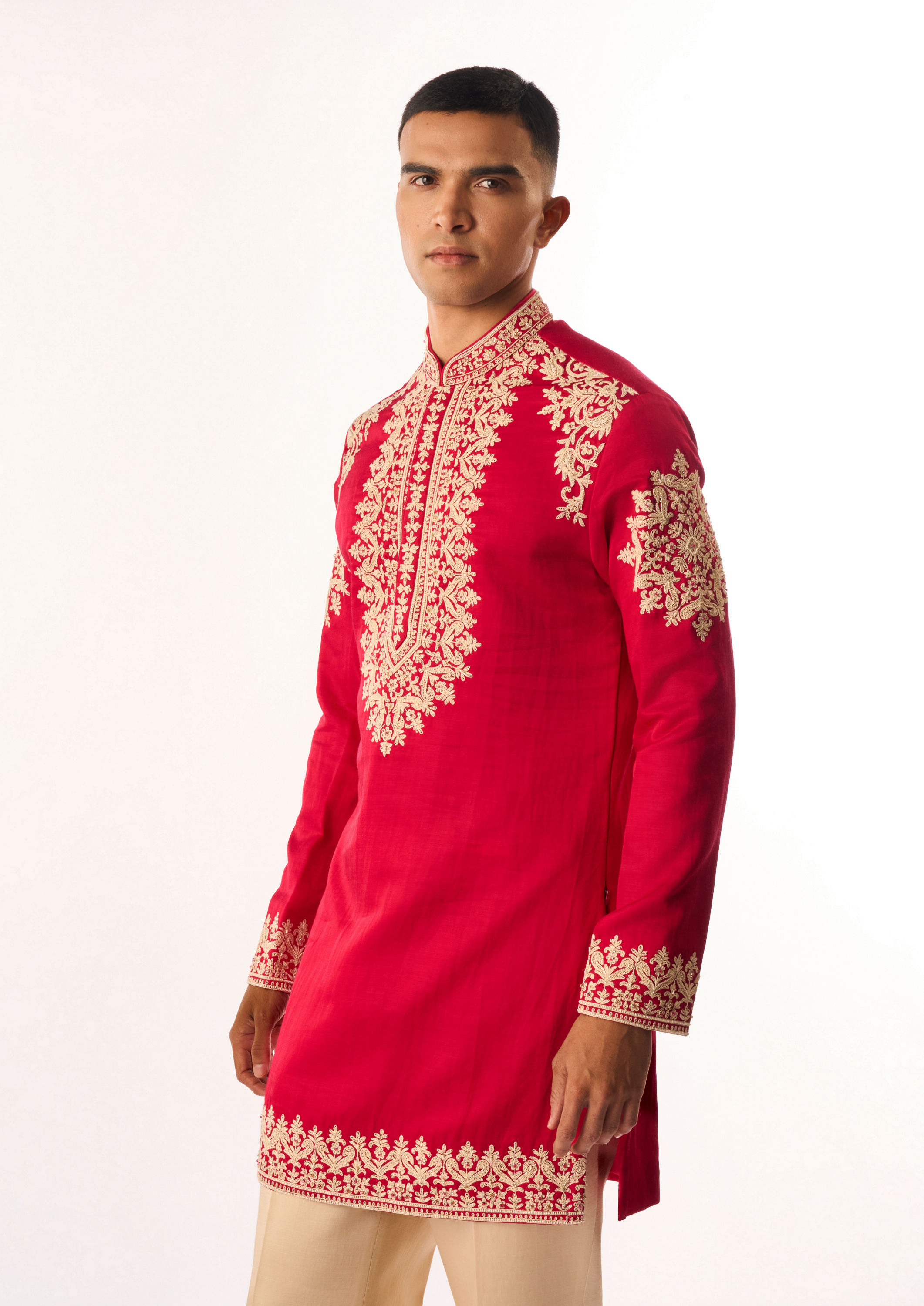 Twamev Men Pink Satin Kurta Set with Embroidery